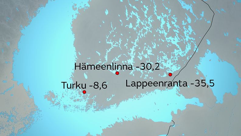 Alimmat lämpötilat 18. tammikuuta 2016 Turun Artukaisissa, Hämeenlinnan Lammilla ja Lappeenrannan Konnunsuolla.
