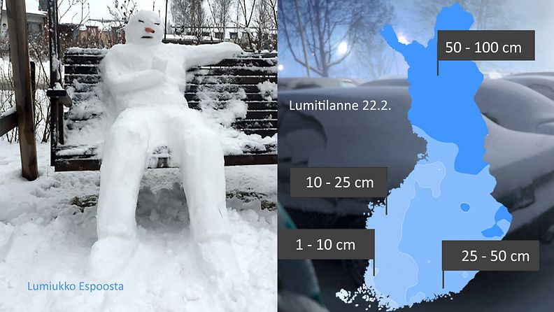 Kartassa lumitilanne 22. helmikuuta 2016, lähde: Foreca. Espoossa nähtiin viikonloppuna näin komea lumiukko. Kuva: Iiro Pylväläinen