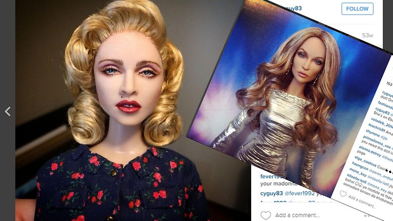 Taiteilija muokkaa Barbie-nukesta julkkisten kopioita. Kuva: Ruutukaappaus Instagram-tililtä. 
