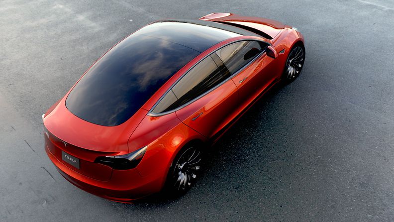 Tesla Model 3 lintuperspektiivistä.