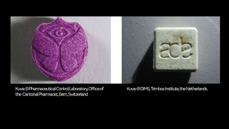 Ekstaasi eli MDMA-tablette, joihin printattu kahden elektronisen musiikin tapahtuman logo.