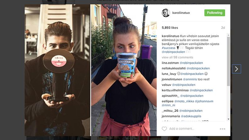 Karoliina Tuomisen Instagram-tili on suomalaisten suosiossa. Kuva ruutukaappaus Instagramista