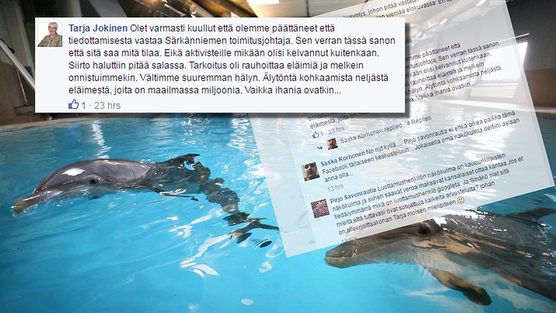 Tarja Jokinen kommentoi Särkänniemen delfiinien siirrosta aiheutunutta kohua Facebookissa.