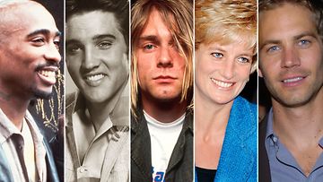 kollaasi Ovatko he hengissä kuitenkin 2016 Cobain, Diana, Tupac, Elvis, Walker