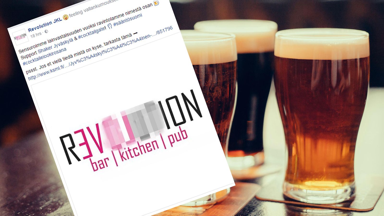 Revolution on ilmoittanut sensuroivansa nimestään sanan "olut". Kuva on ruutukaappaus ravintolan Facebook-sivuilta.