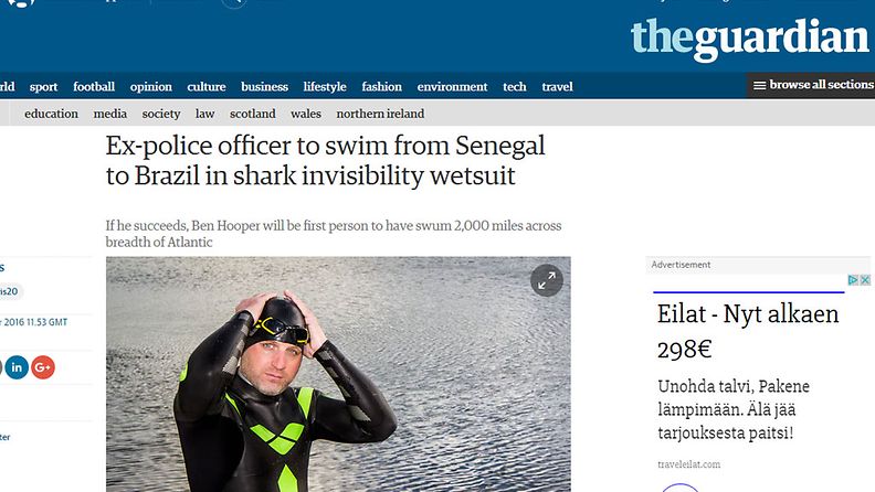 Ben Hooper aikoo uida Atlantin yli. Kuvakaappaus The Guardianin sivuilta. 