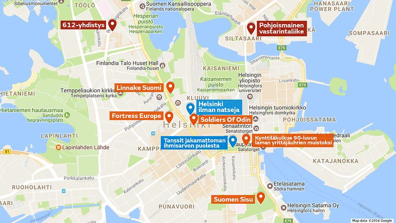 Itsenäisyyspäivän mielenosoitukset 2016 kartta