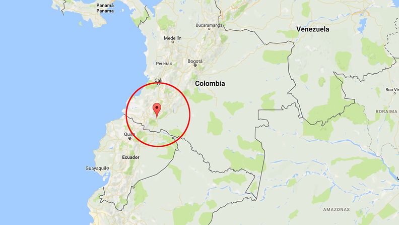 Kolumbia, Mocoa. Kuvakaappaus Google Mapsista