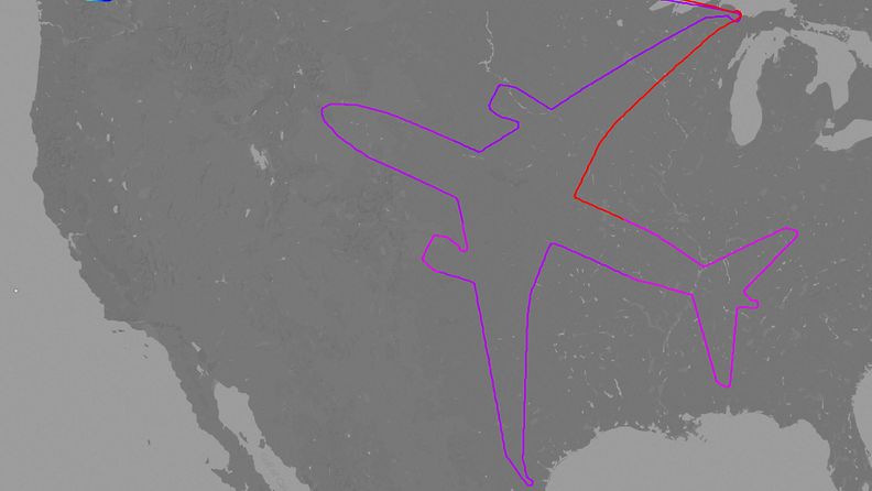 Flightradar24.com julkaisemassa kuvassa näkyy, miten Boeing 787 Dreamliner -lentokone on ”piirtänyt” koneen omakuvan lentämällä koneen ääriviivojen mallisen reitin Yhdysvaltain halki. Tämä tapahtui koneen 18-tuntisella testilennolla eilen. 
