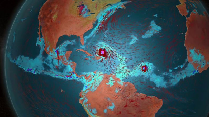 Ennustekuvassa näkyy, kuinka voimistuva Irma-hurrikaani suuntaa kohti Karibian saaria.