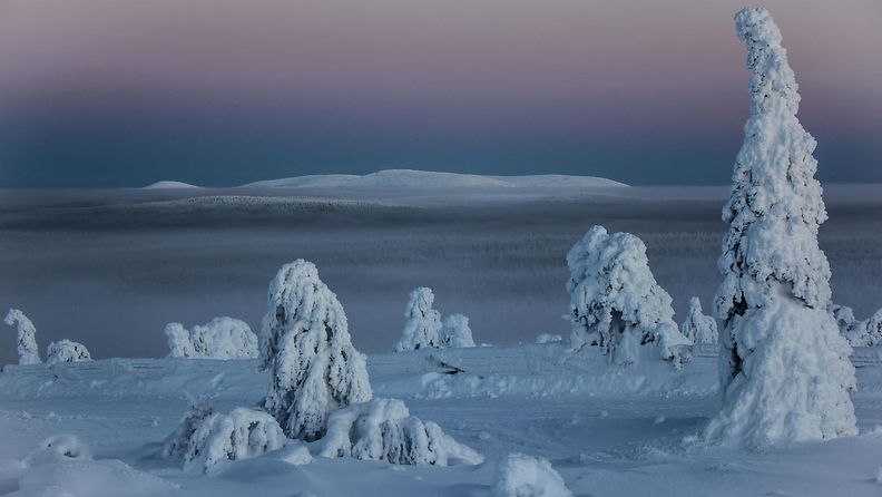 Tässä kuva Sallasta Sallatunturin päältä kuvattuna kohti Venäjän tuntureita. Aurinko juuri laskenut ja sininen hetki parhaimmillaan. Kuva: Jani Peltokorpi