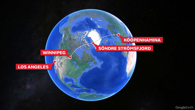 Kööpenhamina-Söndre Strömsfjord-Winnipeg-Los Angeles-kartta