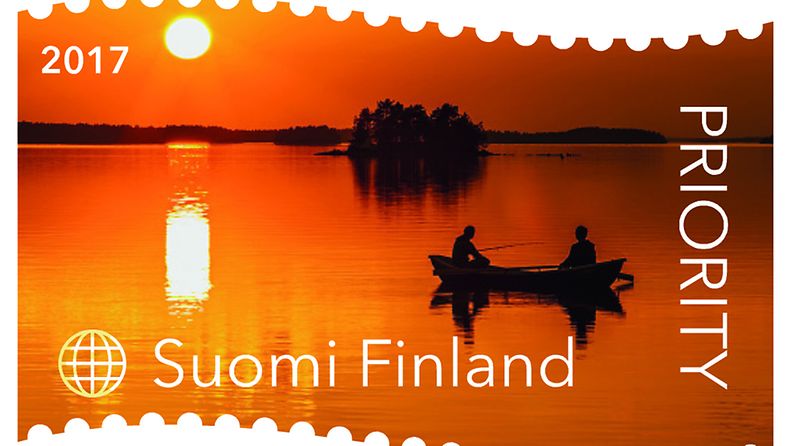 Auringonlasku järvellä -postimerkki