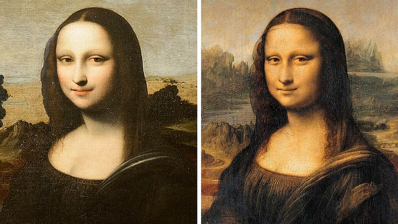 Kaksi Mona Lisaa. Vasemmalla vanhemmaksi epäilty teos. Oikealla Louvressa esillä oleva "aito" Mona Lisa.