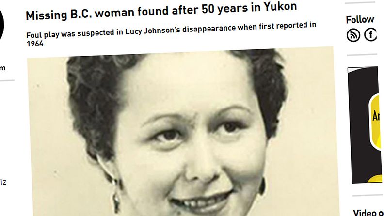 Yli 50 vuotta kateissa ollut Lucy Johnson löytyi elossa Kanadan Yukonista. Kuvakaappaus canada.comin nettisivuilta.