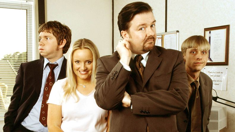 Konttori UK 2001: Tim Canterbury (Martin Freeman), Dawn Tinsley (Lucy Davis), David Brent (Ricky Gervais), Gareth Keenan (MacKenzie Crook)