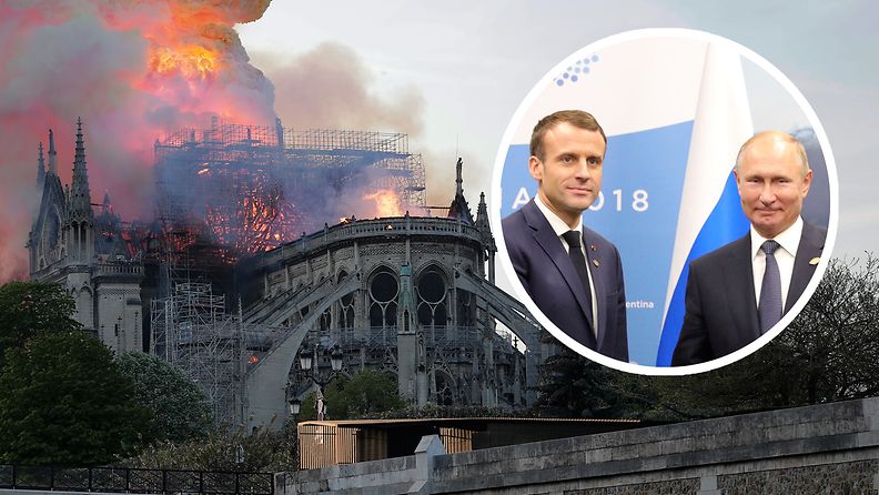 Notre Dame palo 2019 + Macron ja Putin 2018