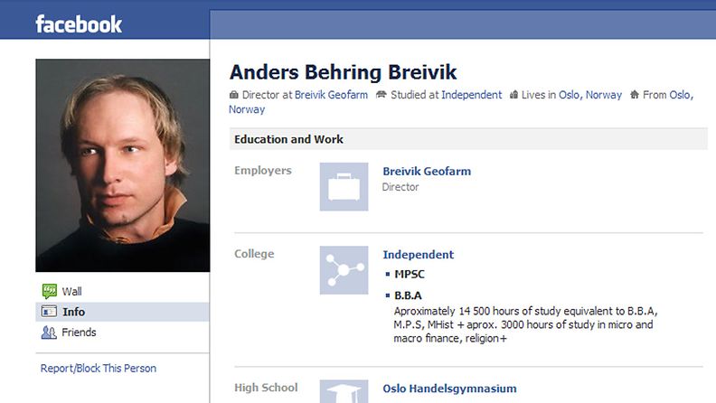 Kuvakaappaus Anders Behring Breivikin Facebook-sivusta.