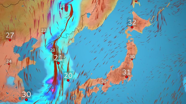 Ennätyshelle riivaa Japania – sääkartta hehkuu punaisena