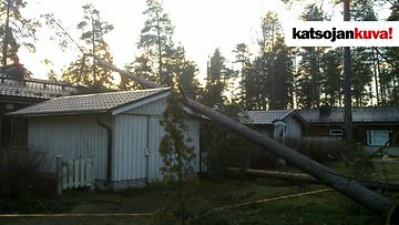 Puu kaatui rivitalon päälle Nummelassa. Kuva: Toni Määttä