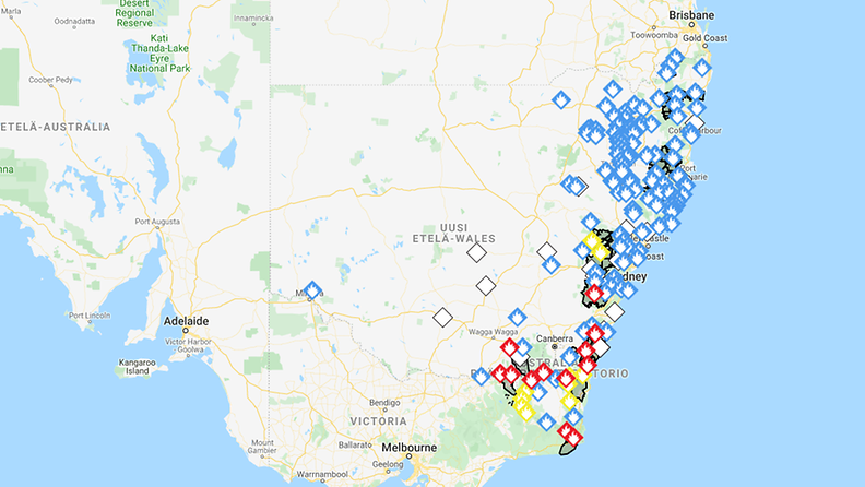 Australian maastopalot kartalla