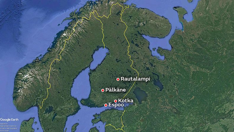 Suomen kartta, juhannus hukkuneet (Espoo, Rautalampi, Pälkäne, Kotka)