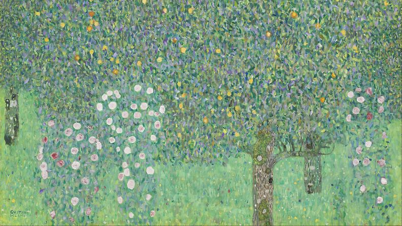 Gustav Klimtin Ruusupensaat puiden alla -maalaus.
