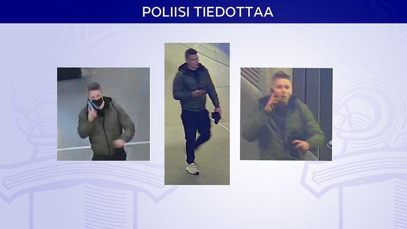 Poliisin etsimä henkilö kolmen kuvan sarjassa: Miehellä on valkoiset kengät, mustat housut, vihreä takki ja hän puhuu puhelimessa.