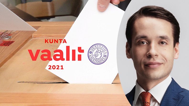 Kuvassa vaaliuurna ja henkilökuva rkp:n ehdokkaasta Henrik Wickströmistä.