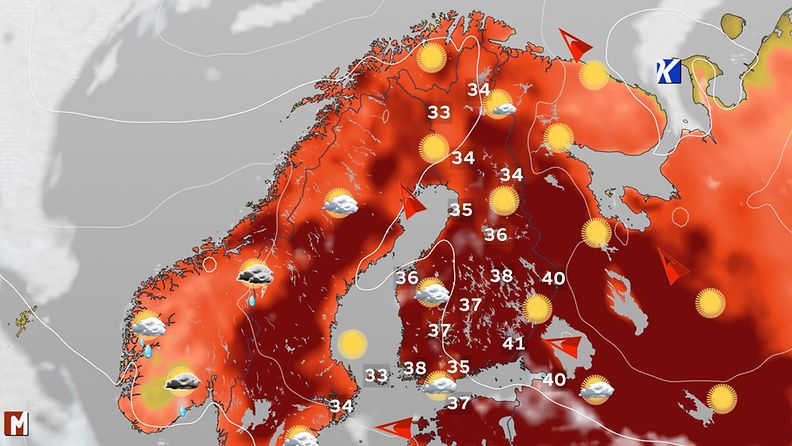 Meteorologi Markus Mäntykannas teki harjoituksen vuoksi sääkartan lämpötiloilla, jotka voivat todellisuutta Suomessa vuosisadan loppuun mennessä.