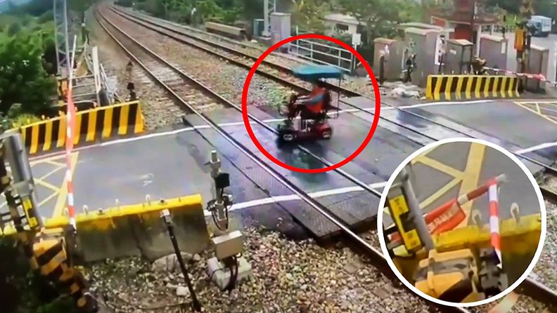 Vanhus vähät välittää junan tulosta – ajaa valvontakameravideolla kapinallisesti puomin kumoon Taiwanissa!