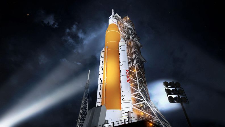 LK 9.11. 2021 Tässä NASA:n viime lokakuussa julkaisemassa kuvassa on NASAn uusi raketti Space Launch System (SLS), joka lähettää astronautteja Kuuhun Artemis-lennoilla.