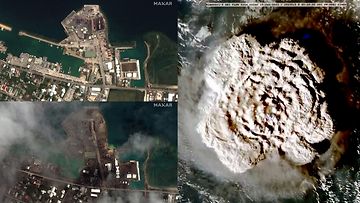 Satelliittikuvat näyttävät Tongan tulivuorenpurkauksen tuhoja.
