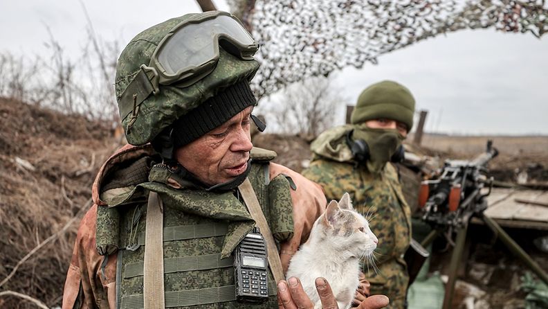 Sotilas kissan kanssa Itä-Ukrainassa.