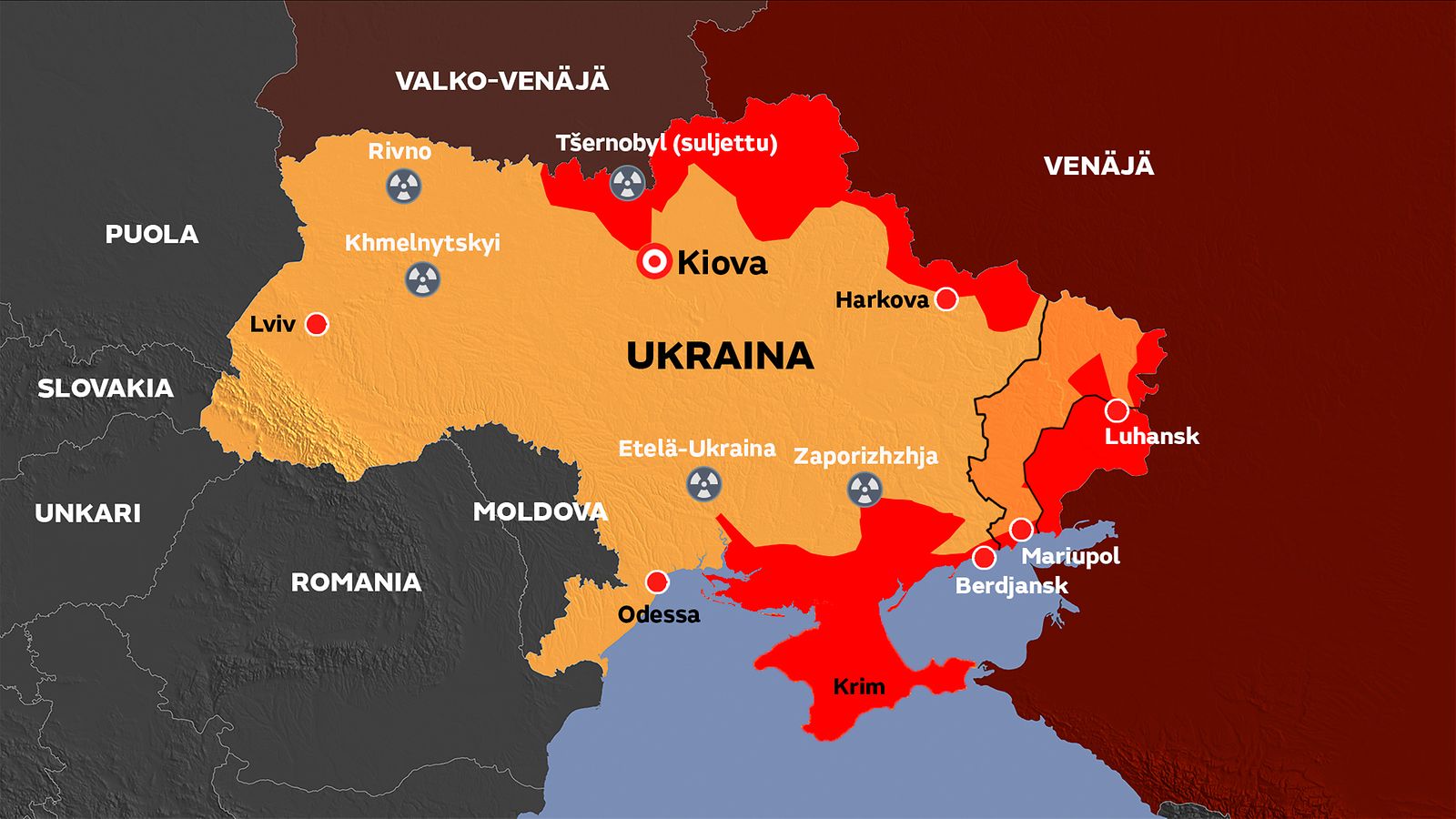 Katso kartalta, missä Ukrainan ydinvoimalat sijaitsevat 