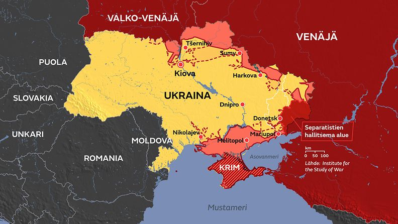 Kartta Ukrainan tilanteesta lauantaina 12. maaliskuuta.
