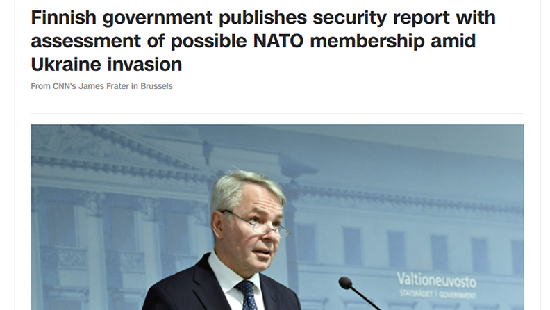 Kuvakaappaus CNN:n uutisesta, jossa kerrotaan Valtioneuvoston Nato-selonteosta 13.4.2022