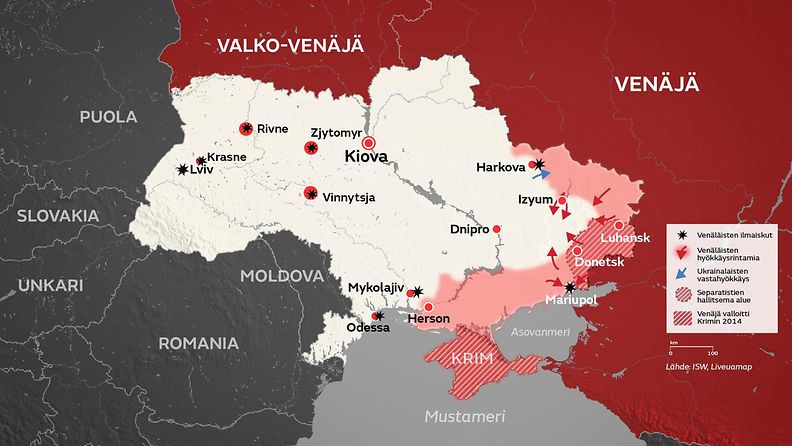 Kartta Ukrainan sotatilanteesta 25.4.2022.