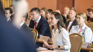 LK 14.5.2022 Pääministeri ja puheenjohtaja Sanna Marin SDP:n puoluevaltuuston ylimääräisessä kokouksessa Helsingissä 14. toukokuuta 2022. SDP:n on määrä päättää puolueen Nato-kanta puoluevaltuuston kokouksessa.