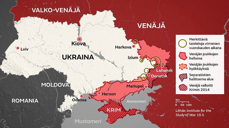 Taistelujen tilanne Ukraina kartalla 20. toukokuuta 2022. 