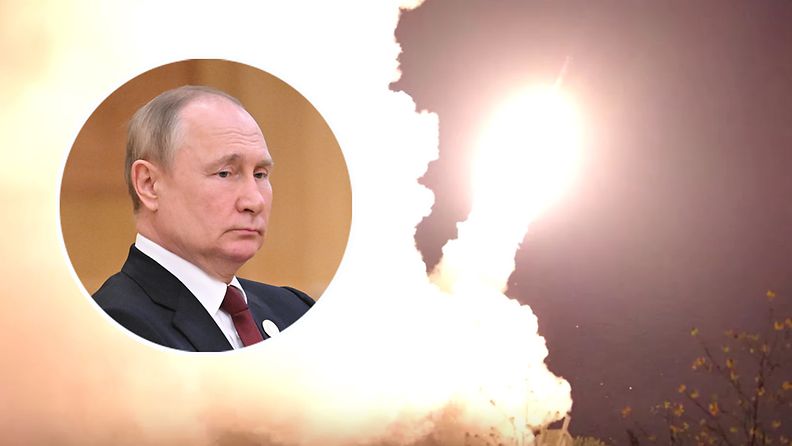 HIMARS-raketinheitin ampuu, kuvassa myös Vladimir Putin.