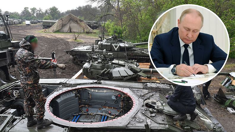 Panssarivaunujen korjausta ja Vladimir Putin – yhdistelmäkuva.