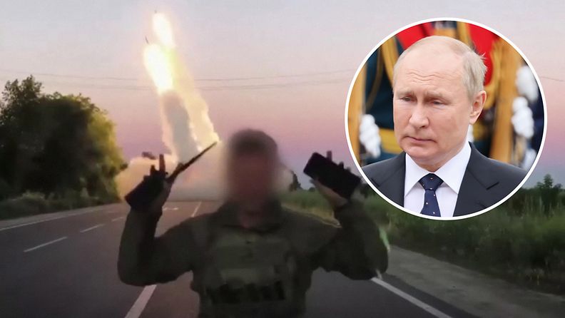 Yhdistelmäkuva Vladimir Putinista ja Ukrainassa ampuvasta HIMARS-raketinheittimestä.