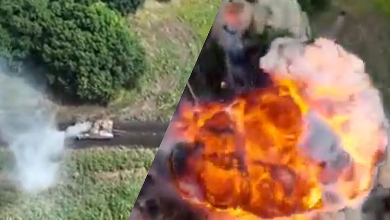 Venäläinen panssarivaunu tuhoutuu – kuvakaappaus videolta.