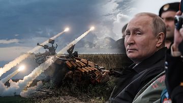Kuvassa etualalla Venäjän presidentti Vladimir Putin, taustalle muokattu kuva HIMARS-raketinheittimistä ja tuhoutuneesta tankista.