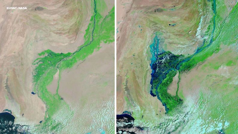 Nasan satelliittikuvissa Indus-joki 27. elokuuta 2021 (vasemmalla) ja 27. elokuuta 2022.