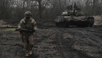 Venäläinen panssarivaunu Ukrainassa tammikuussa 2023.