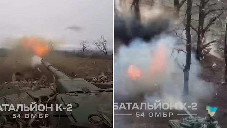 Kuvakaappaus videolta, jossa ukrainalaiset panssarivaunut väitetysti hyökkäävät venäläisasemia vastaan.