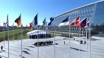 Suomen lippu salossa Brysselissä Nato-päämajan edustalla
