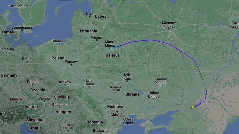 Prigozhiniin linkitetyn lentokoneen reitti Venäjältä Valko-Venäjälle.